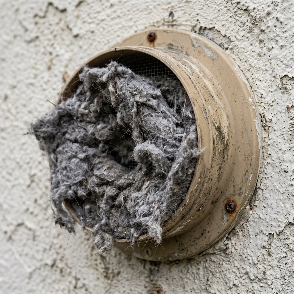 Dryer vent clogged with thick lint buildup before cleaning