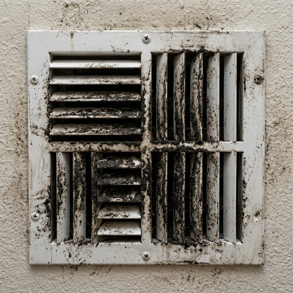 Supply register covered in dark dust before cleaning