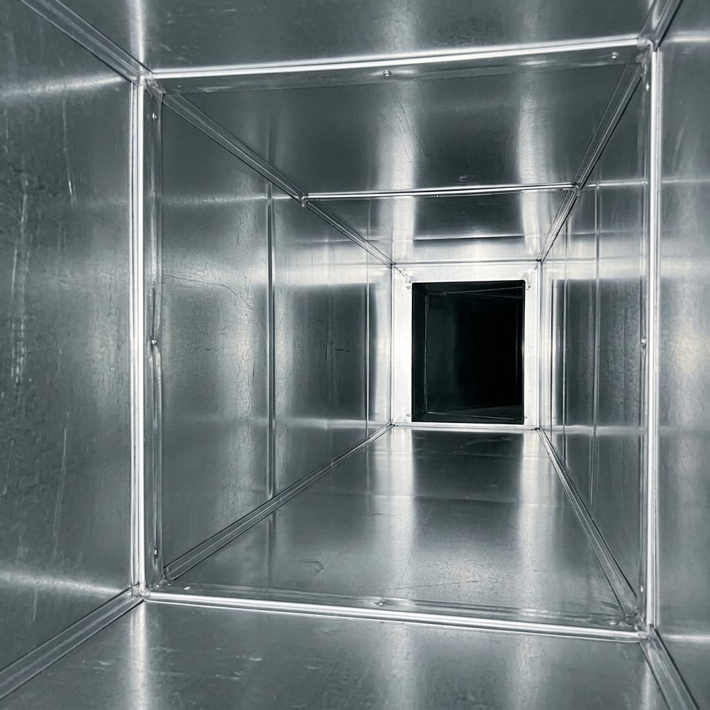 Return duct interior after professional cleaning spotless metal