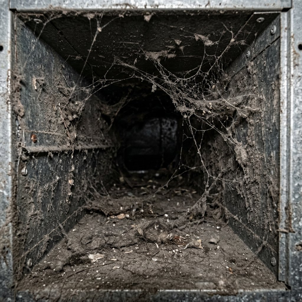 Return duct interior before cleaning with dust buildup